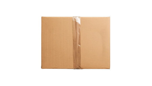 Closed brown corrugated cardboard shipping box with fragile handling labels and shipping manifest isolated on black isolated on a transparent background