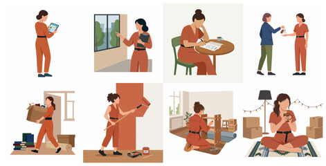 Fototapeta premium Flat vector illustration set of a woman buying a new home, moving, painting walls, and assembling furniture.