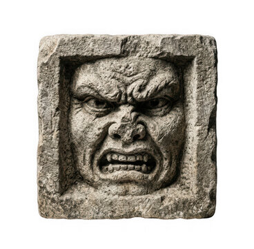Stone carving of an angry face in a square frame isolated on transparent background