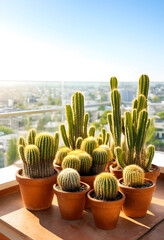 Obraz premium Various potted cacti on a sunny rooftop terrace with a city skyline in the background, urban gardening and succulent plants