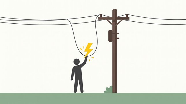 Stick figure person touching dangling power line near utility pole representing high voltage danger and electrical safety warning illustration