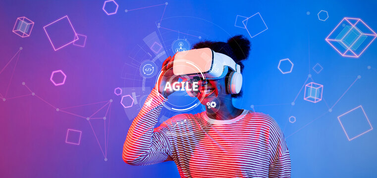 A young individual experiences immersive virtual reality while exploring agile methodologies, surrounded by vibrant digital elements and abstract shapes, emphasizing innovation. XDMCP