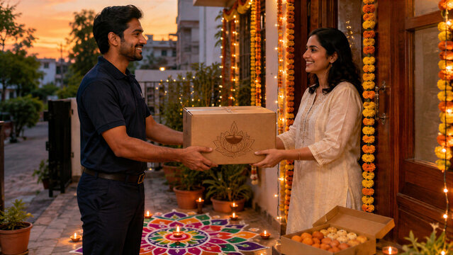 Diwali parcel handover to woman at decorated doorway with rangoli