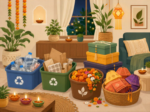 Diwali recycling illustration with sorted festive waste and decorations