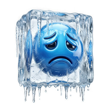 Sad blue emoji frozen inside a block of ice isolated on transparent background