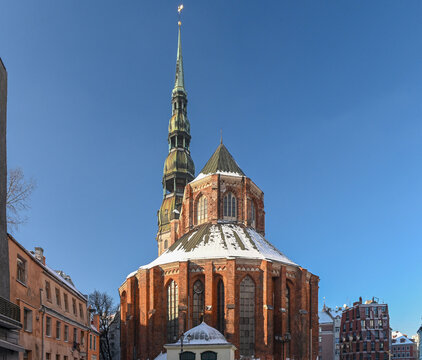 St. Peter Church in Riga, Latvia, 13th Century Gothic Landmark with Tall Spire