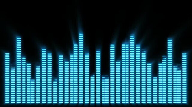 Digital blue audio equalizer bars on dark background.