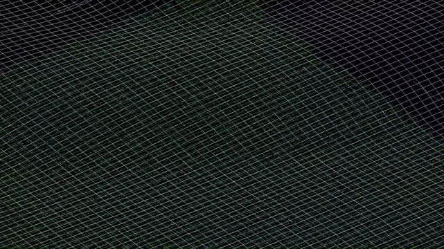 3D digital wireframe grid showing smooth waving green lines on dark background. Ideal for tech network and futuristic concept backdrops. Seamless loop.