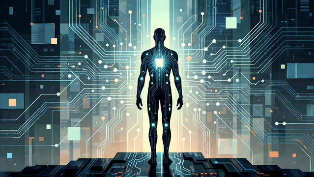 A silhouette of a human figure standing in a futuristic digital circuit board environment.