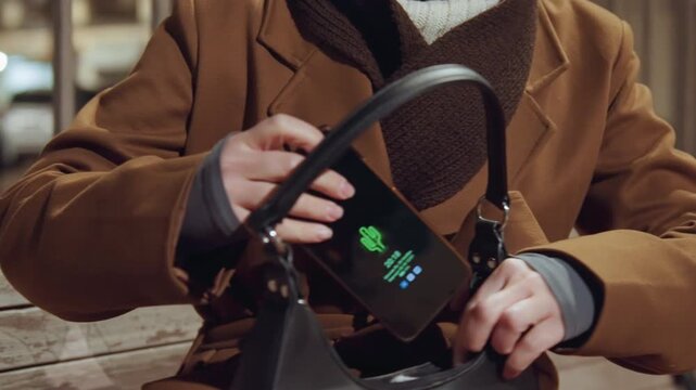 Woman on bench finding phone in handbag, relieved evening park moment with leather strap and screen glow, closeup fingers pulling device from pocket, cozy brown coat and lamplight ambience