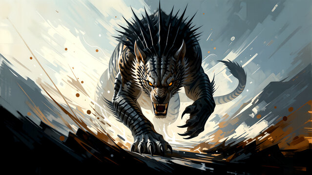 A fierce mythical creature charging forward in a dynamic and aggressive artistic style.
