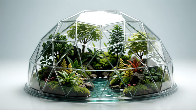 A beautiful miniature forest ecosystem inside a glass geodesic dome terrarium on a white background.