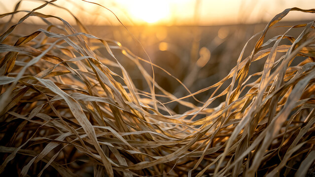 Close up of dry golden grass blades illuminated by the warm sunset light.