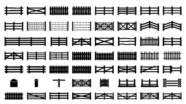 Wooden Fence and Farm Gate Silhouette Vector Set Featuring Picket Barriers Railing Borders and Rural Security Enclosure Grid Icons for Landscape Architectur