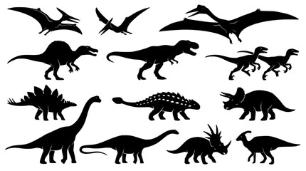 Prehistoric Dinosaur Black Silhouette Vector Set Featuring Tyrannosaurus Rex Triceratops Stegosaurus Brachiosaurus and Pterodactyl Extinct Reptile Graphic Elements © AlviAhmed