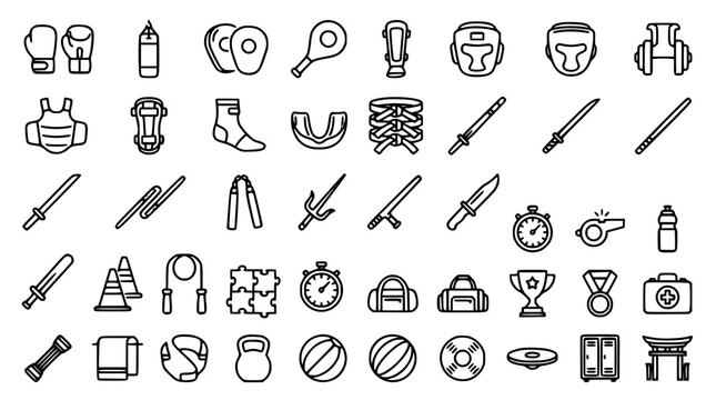 Martial Arts and Boxing Training Equipment Line Icon Collection Featuring Weapons Protective Gear Gym Accessories and Fitness Rewards Elements Vector Set