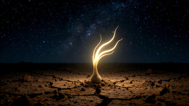 A glowing ethereal plant growing from the cracked dry earth under a starry night sky.