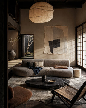 Contemporary Japanese Living Room in Kyoto with Shoji Screens and Sculptural Furniture