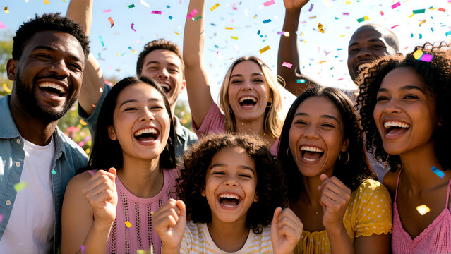 Diverse group of happy friends celebrating with colorful confetti outdoors in the sunshine.