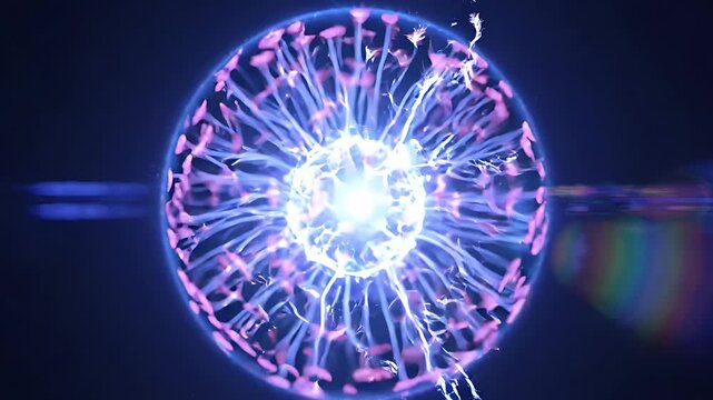 Glowing purple plasma ball with electric lightning discharge.