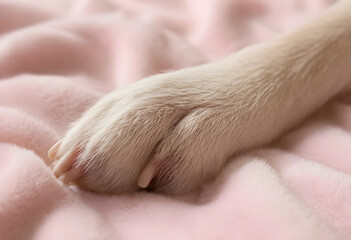 Fototapeta premium Puppy paw with soft fur resting on a cozy pink blanket, pet care and comfort concept, close up detail