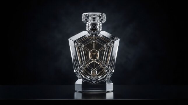 Crystal bottle displayed under soft lighting on a dark background, showcasing its unique geometric shape and design details