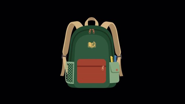 Looping Video School Backpack Illustration with Stationery and Pocket Details on transparent Background