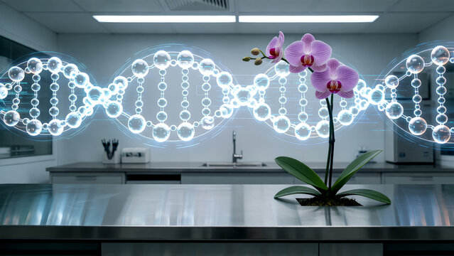A glowing digital DNA strand hologram floating above a purple orchid in a laboratory setting.