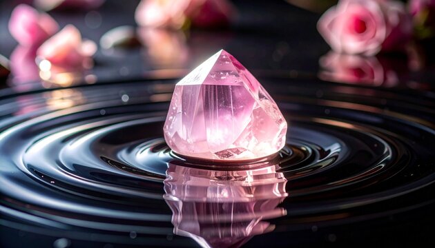 Rose quartz crystal on dark liquid ripples with elegant copy space
