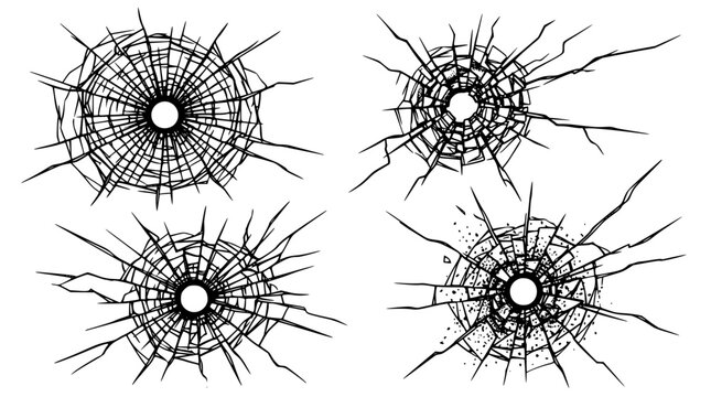 Bullet Hole in Glass Texture Vector Set Featuring Realistic Cracked Shattered Windshield Breakage Lines and Broken Window Pane Damage Highlights