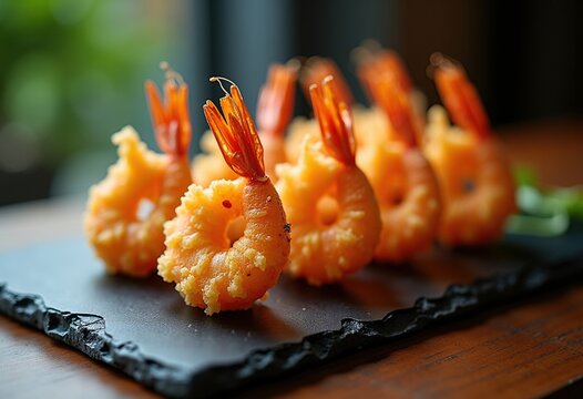Crispy Shrimp Tempura Delight Dipped in Tangy Sauce on Dark Slate Dish