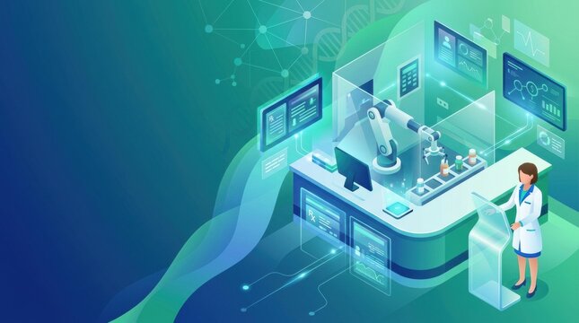 Robotic assistance in a modern laboratory environment for scientific research and analysis with advanced technology and data displays