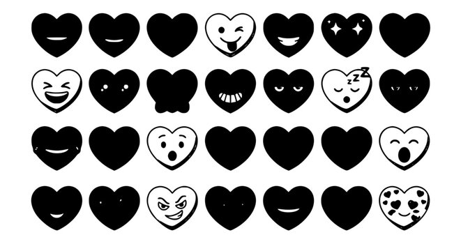 Heart Emoji Character Silhouette Vector Set Featuring Diverse Facial Expressions Avatars Smilies and Cute Love Symbols for Romantic Social Media Messaging