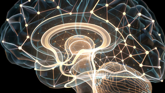Digital illustration of a human brain with glowing neural network connections on a black background.