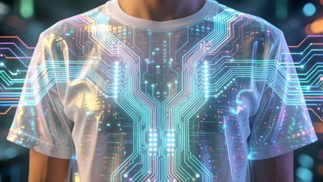 Person wearing a futuristic t-shirt with glowing digital circuit board patterns.