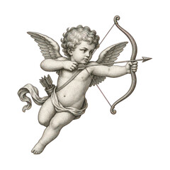 Obraz premium PNG Vintage cherub with bow and arrow illustration.