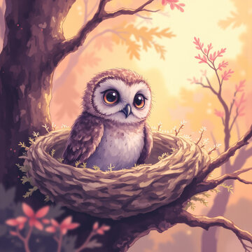 A charming owl perches in a cozy nest nestled within the branches of an ancient tree. The warm, golden hues of the sunset create a serene backdrop, while delicate autumn leaves frame the scene. This i