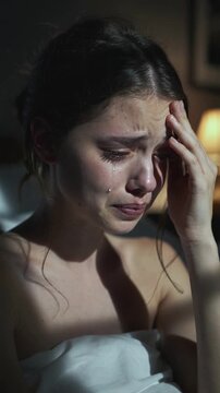 Young woman crying and touching forehead in bedroom at night close up shot