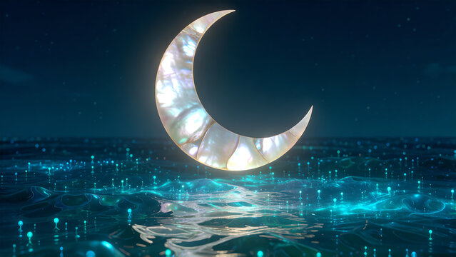 A glowing crescent moon hovering above a futuristic digital landscape with blue lights.