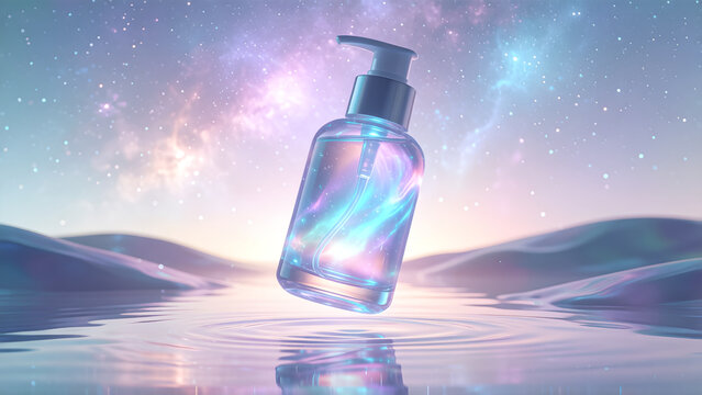 A glass cosmetic pump bottle floating over water against a dreamy nebula galaxy background.
