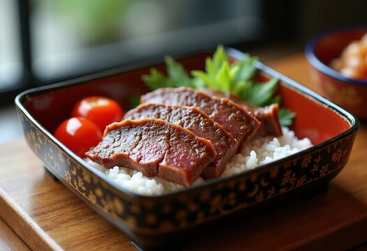 Teriyaki Beef on Steamed Rice Lacquered Bento Tray Serene Japanese Experience