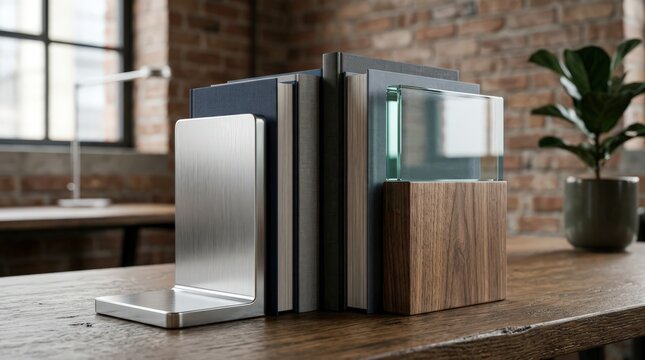 Bookends crafted from polished metal and natural walnut wood support a collection of hardbound volumes on a sturdy wooden table within a rustic loft apartment.