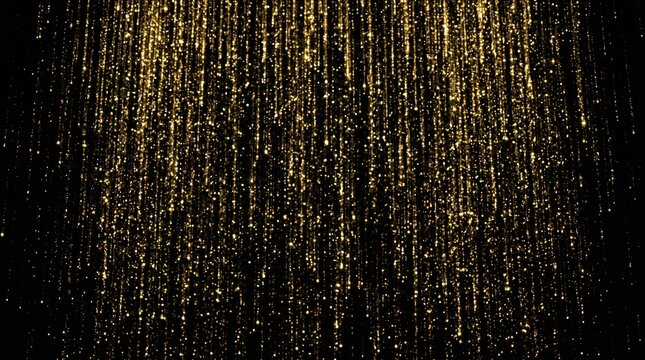 Falling golden rain of micro glitter particles isolated on black background