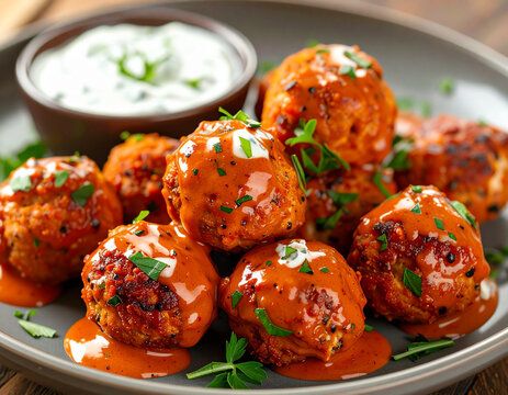 Buffalo sauce turkey meatballs, served with creamy blue cheese dressing.