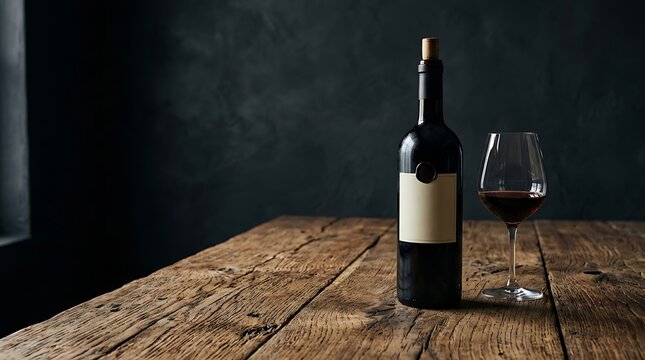Aged Red Wine Bottle and Glass on Wooden Table: A sophisticated presentation of a dark glass bottle with a blank label, alongside a half-filled wine glass, resting on a rustic, weathered wooden table.