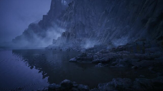 fogenshrouded inlet with sea stacks, low tide exposing rocky shoals and reflective pools, muted palette, slow horizon and quiet cinematic atmosphere evoking