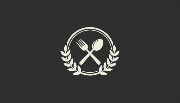 Restaurant and dining logo with a crossed fork and spoon inside a circular wreath set against a dark gray background.