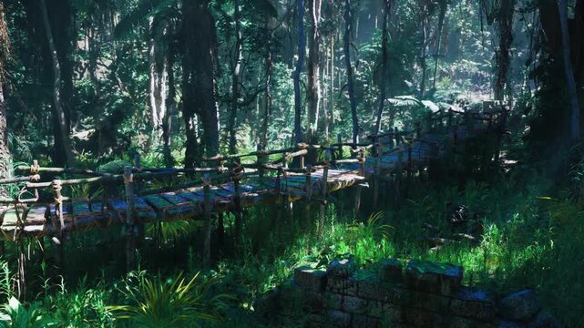 Storm battered bridge spanning flooded forest, broken planks and debris scattered across muddy floor, tense mood of aftermath and isolation.