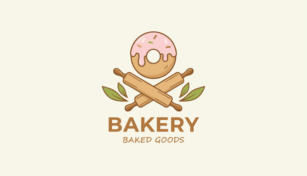 Sweet bakery logo featuring a pink frosted donut over crossed rolling pins and green leaves on a light cream background for a bakery.