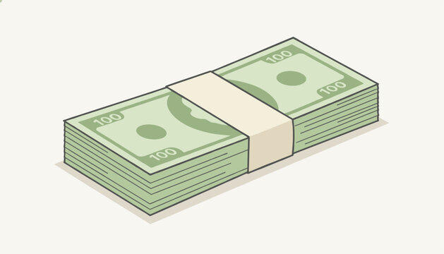 Thick stack of one hundred dollar bills is secured with a paper band and shown from a perspective view on a plain white background.